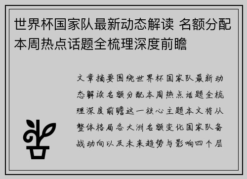 世界杯国家队最新动态解读 名额分配本周热点话题全梳理深度前瞻 世界杯国家队最新动态解读 名额分配本周热点话题全梳理深度前瞻